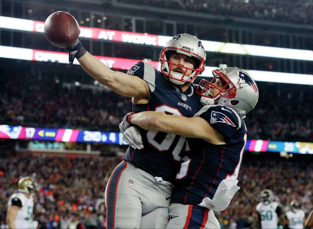 Tom Brady and Rob Gronkowski New England Patriots Unsigned Touchdown  Celebration Photograph