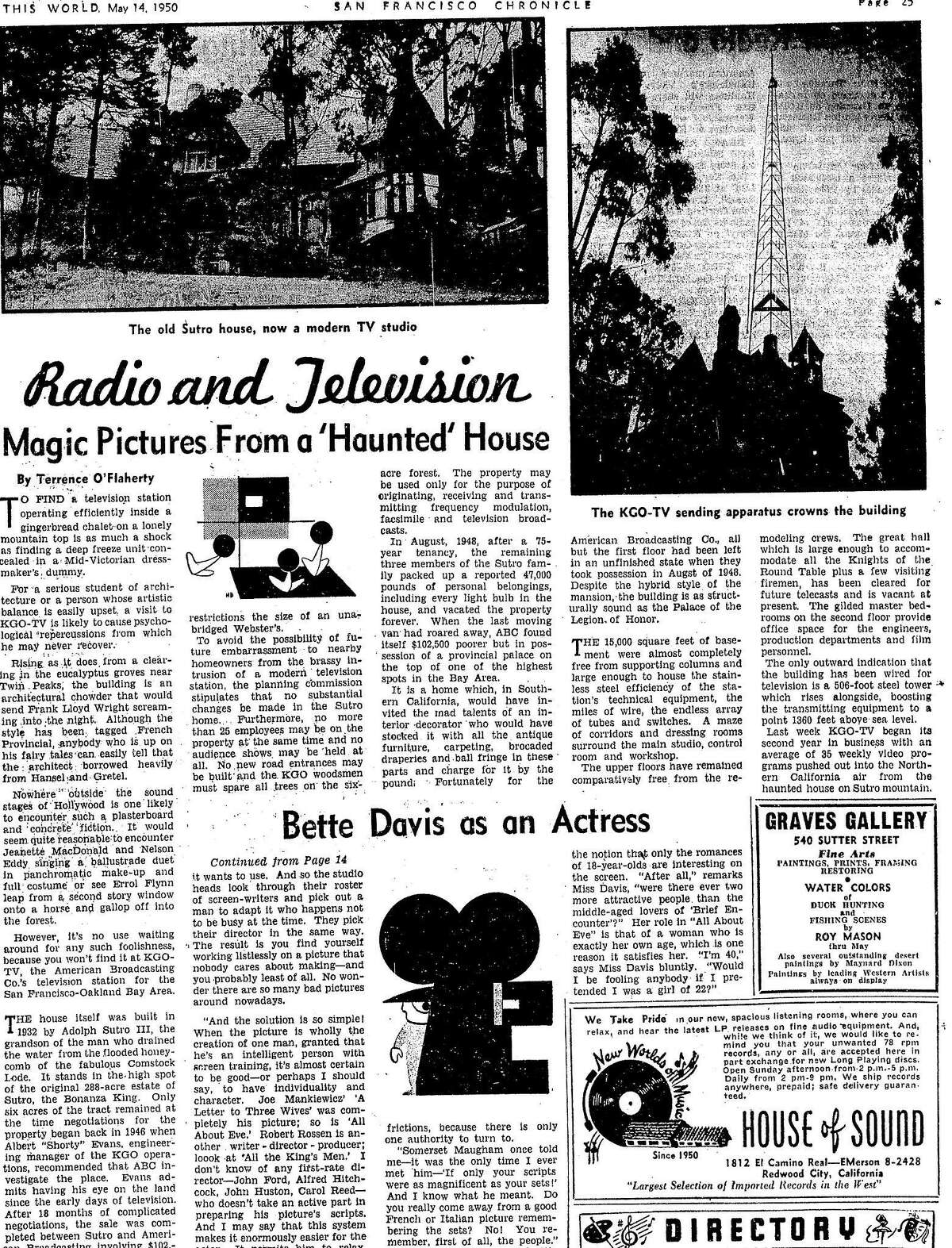 1950年5月14日《纪事报》上的一篇关于1948年至1973年KGO工作室所在的苏特罗大厦的文章。房子旁边有一座500英尺高的塔，1972年被苏特罗塔取代
