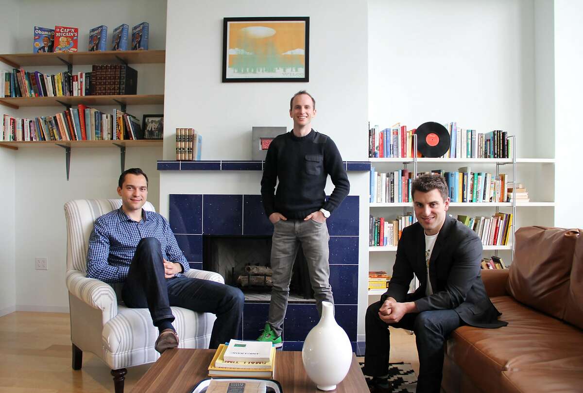 Airbnb founders Nathan Blecharczyk, Joe Gebbia and Brian Chesky in the meeting room based on Gebbia and Chesky's original apartment on Rausch Street in San Francisco, where the company was born.