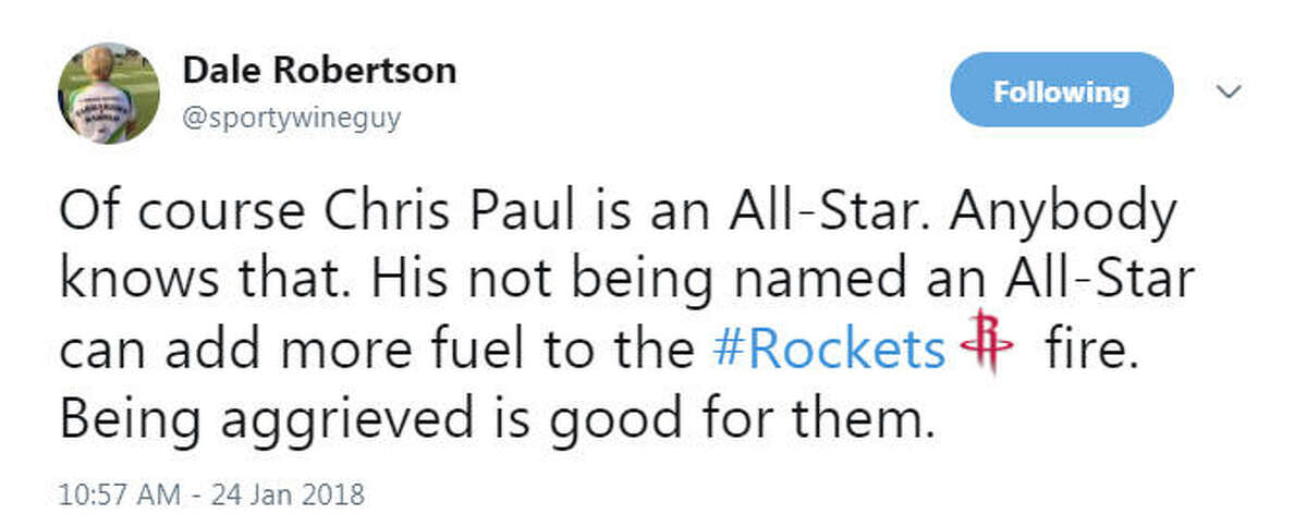 It’s hard to fathom how a team with the NBA’s second-best record could have only one All-Star, but that’s the case. Paul’s missing so many games with injuries clearly hurt him, but Bleacher Report’s metrics – sorry, too complicated and space-gobbling to explain here – show that Paul’s limited court time actually makes his performance “all the more impressive,” writes Adam Fromal for the website: “Two-thirds of our calculation are based on volume-oriented stats and the league's resident Point God (not a typo) still managed to overcome his availability limitations by finishing with the No. 16 overall score, ahead of 11 players with the coveted All-Star designation. The 32-year-old has been a nightmare to defend, especially when working alongside James Harden. His quick-trigger shooting is a new development in a career filled with patient, probing play, and he's using those decisive actions to get even more open looks (one of which drove a dagger into the Heat’s heart Monday night).” Paul was rated the third most “dissed” player behind only Nikola Jokic of the Nuggets and Andre Drummond of the Pistons, and Rockets teammate Clint Capela came in sixth on the list. Not important, though. Paul is already a nine-time All-Star – been there, done that – and Capela will make it into the game eventually, based on the leaps-and-bounds progress he’s making. Both would agree playing well into June would provide sufficient compensation for being snubbed in February.