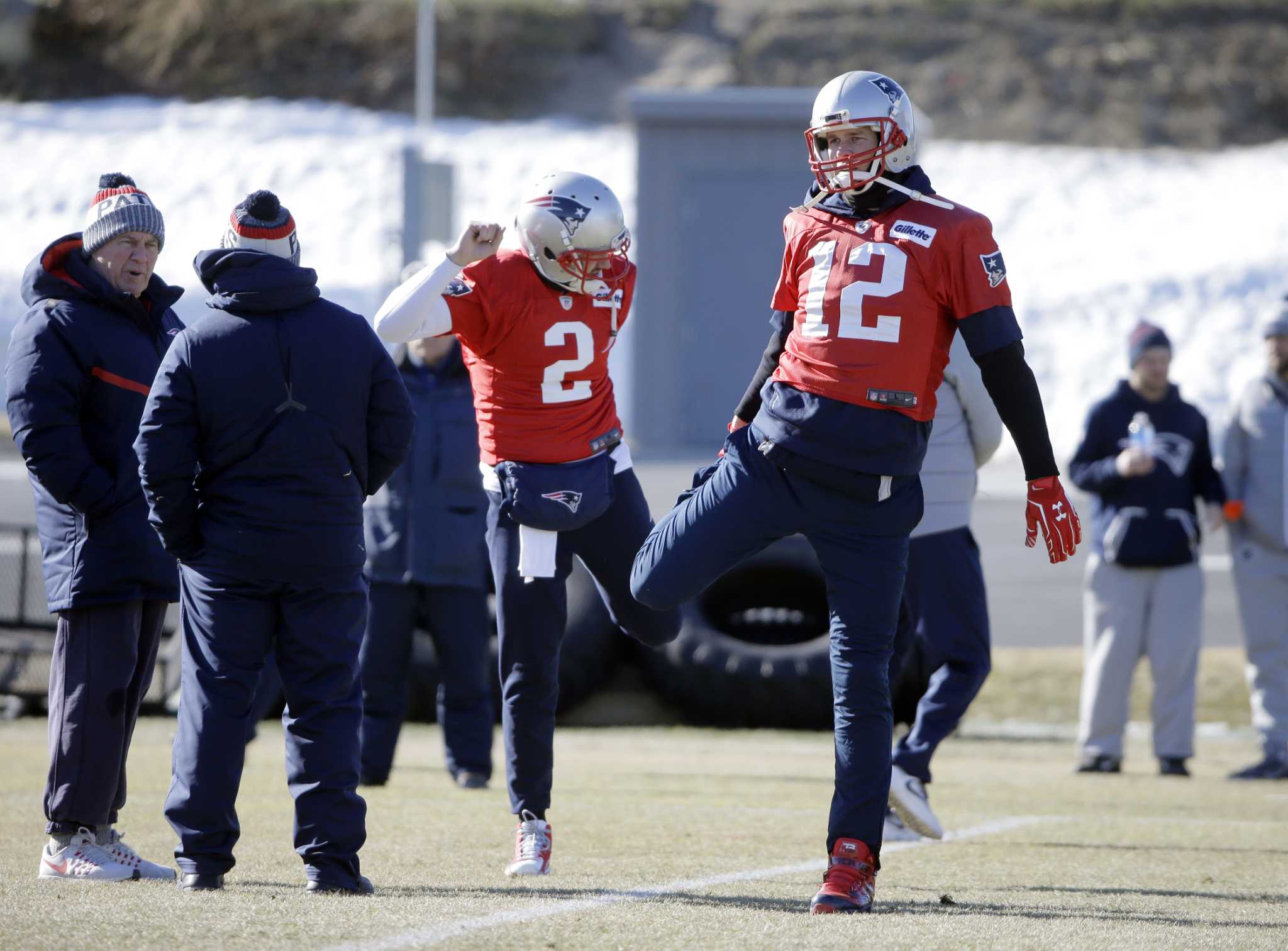 New England Patriots quarterback Tom Brady (12), runs on the field for  warmup before the NFL Super Bowl 52 football game against the Philadelphia  Eagles, Sunday, Feb. 4, 2018, in Minneapolis. (AP