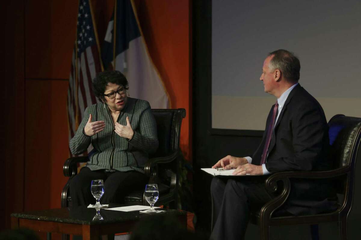 U.S. Supreme Court Associate Justice Sonia Sotomayor answers a question posed by University of Texas at San Antonio President Taylor Eighmy during her talk with students, faculty and staff at main campus, Thursday, Jan. 25, 2018.