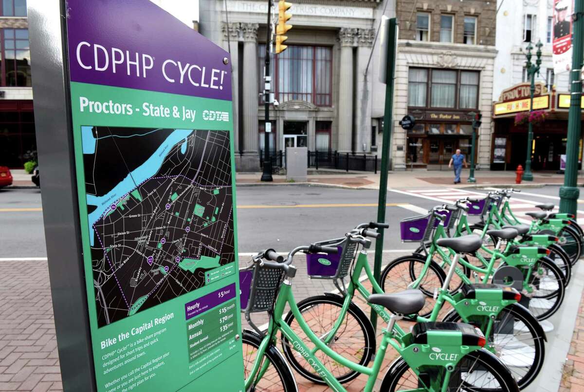 Bicycles available for rent through the CDPHP Cycle! bike share program operated by CDTA are parked at the State and Jay Street stand across from Proctors on Friday, Aug. 25, 2017, in Schenectady, N.Y. (Will Waldron/Times Union)