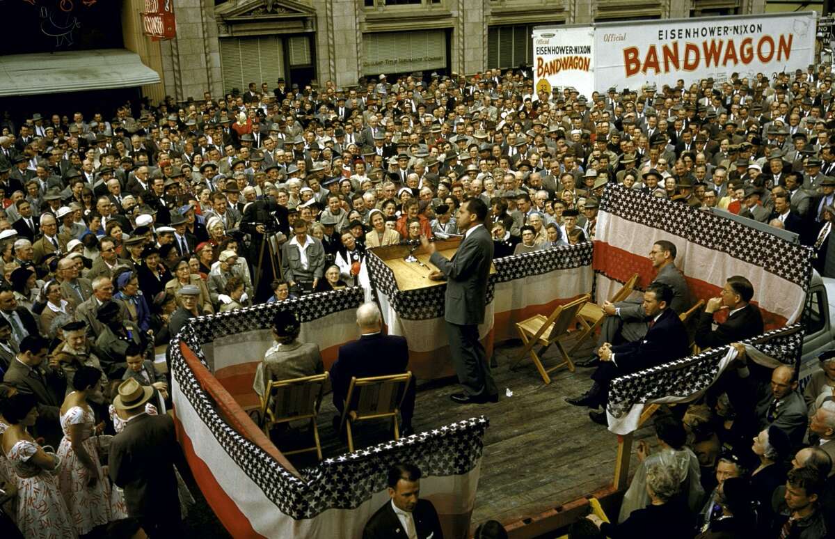 Vice President Richard Nixon speaking to a large crowd assembled in Oakland for a rally during the 1956 presidential campaign.