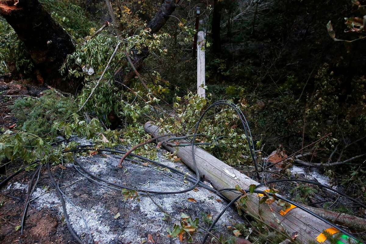 A fallen power pole along Nuns Canyon rd. in Glen Ellen, Ca. as seen on Tuesday October 17, 2017.