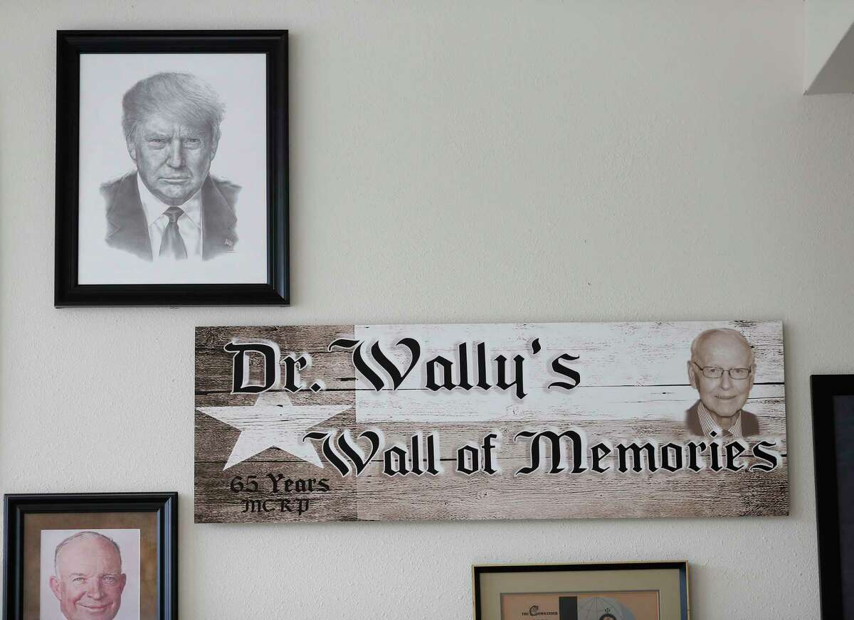A portrait of Donald Trump hangs on Dr. Wally Wilkerson's wall at the Montgomery County Republican Party headquarters.
