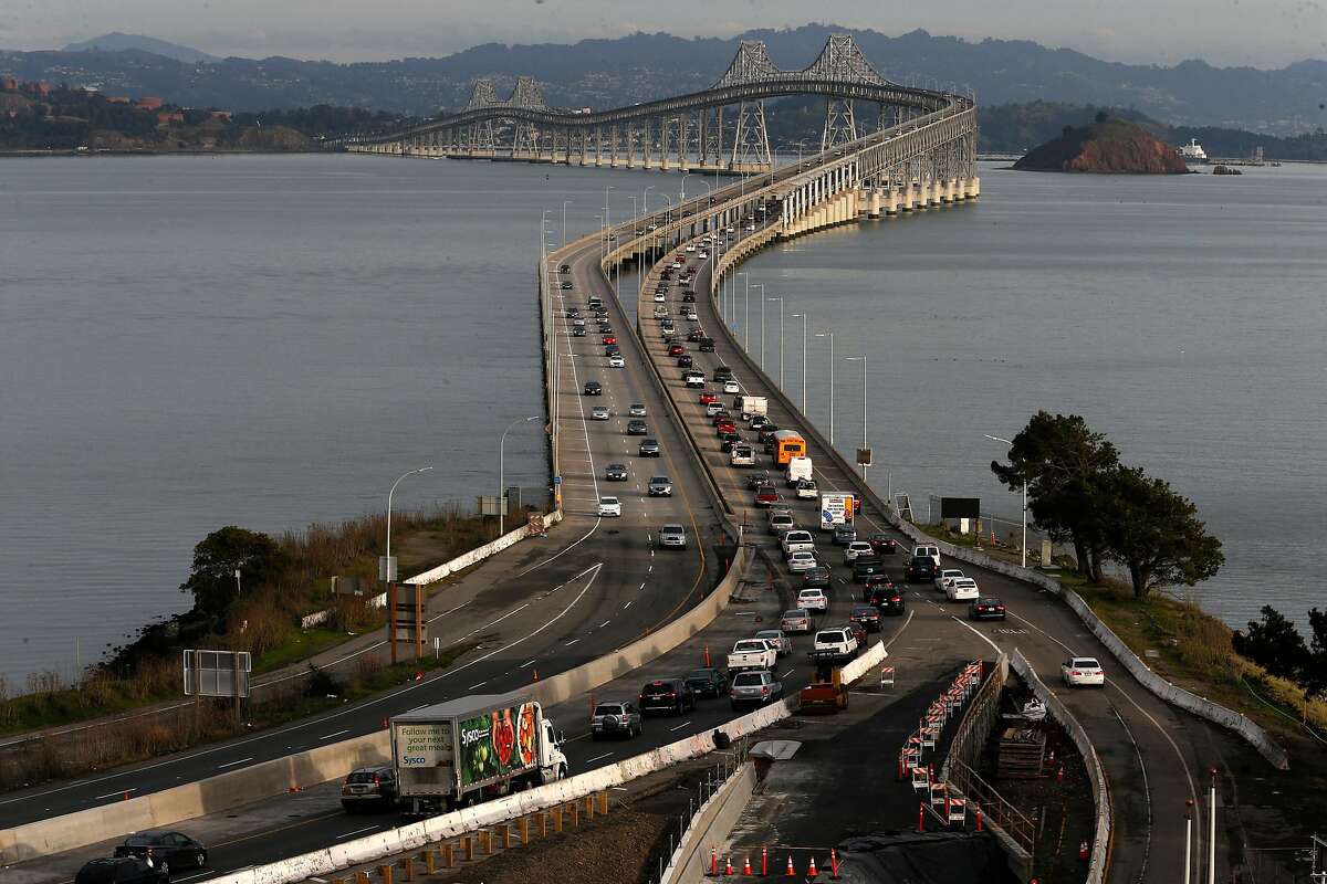 The east bound evening commute traffic across the Richmond San Rafael Bridge on Friday Jan. 26, 2018, in San Rafael, Calif. Plans are in the works to open a third lane on the bridge.