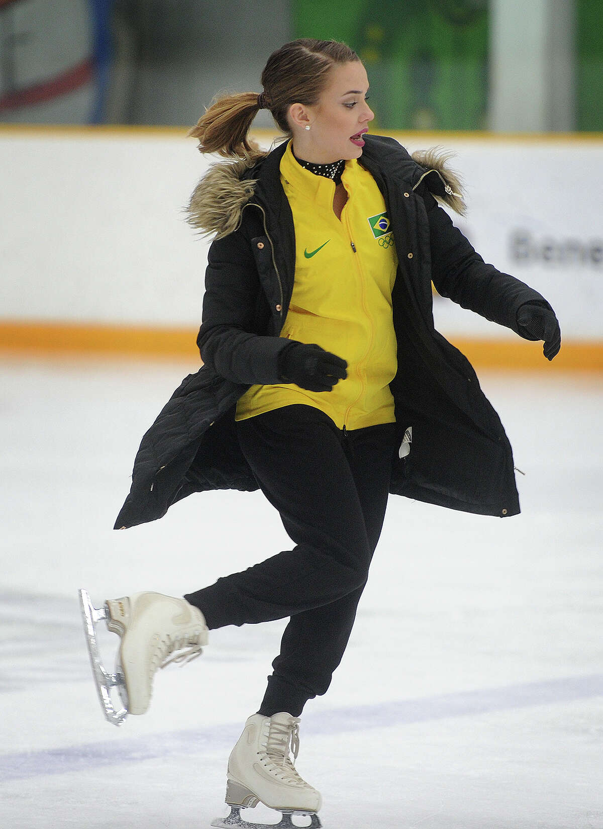 Olympic figure skater Isadora Williams demonstrates technique during a skating clinic for kids following her performance in the 2018 Olympic Dreams Skating Show at the Danbury Ice Arena in Danbury, Conn. on Sunday, January 28, 2018.