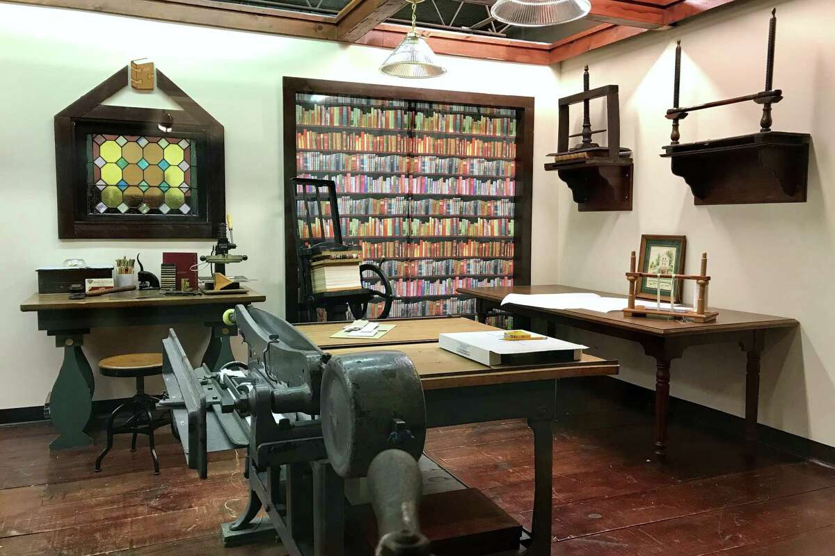 One of the Printing Museum's popular workshops contains a bindery, with tools for making books.