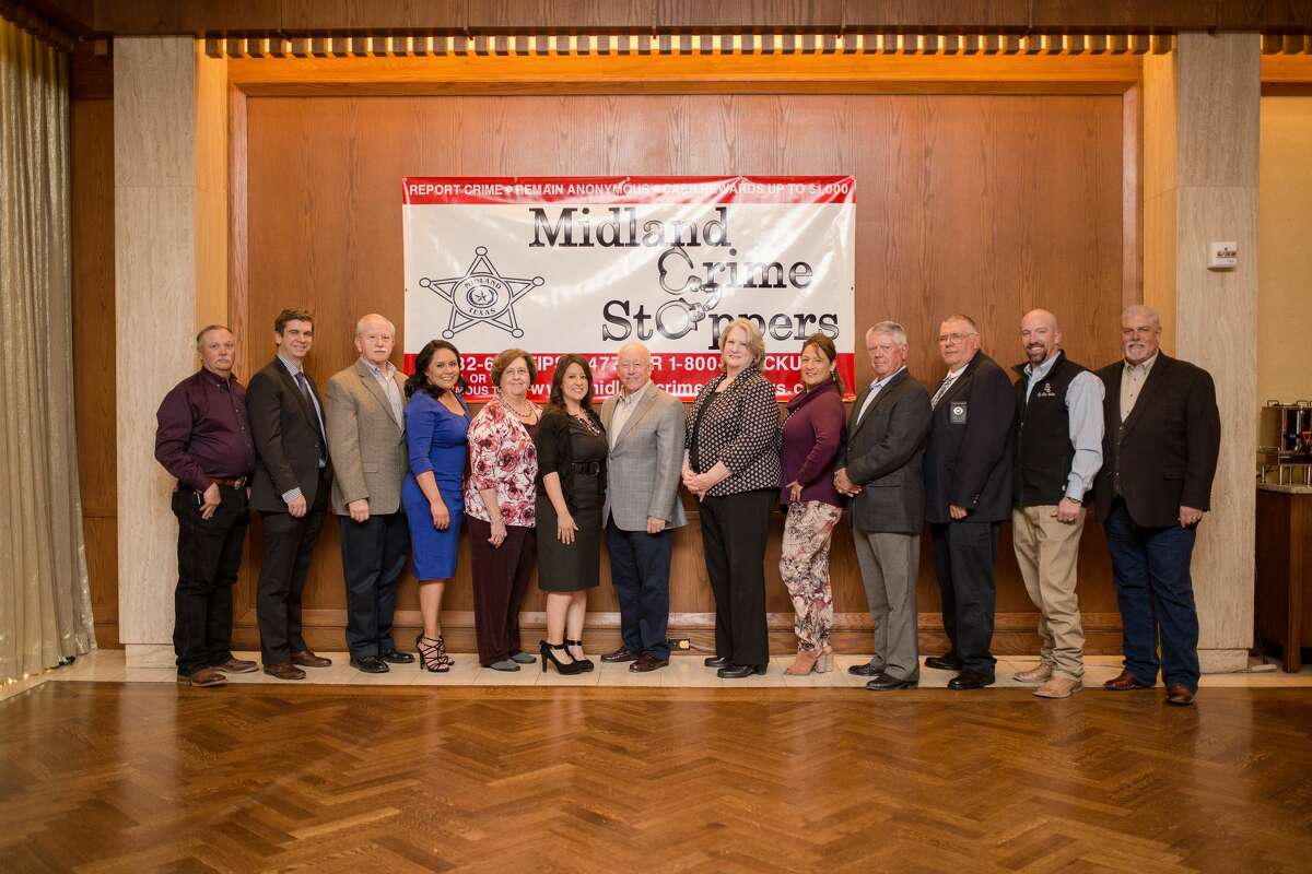 Crime Stoppers board members are Secretary Rick Lewis, from left, Vice President Nick Davis, Patrick Holeva, Midland County Sheriff’s Office coordinator Sgt. Margarita Strahan, Connie Staton, Executive Director Angie Valenzuela, Charlie Harris, Teresa Clingman, Carolyn Hatcher, Terry Youngblood, Dale Seago, Treasurer Mike Beggs and Phill Maxwell