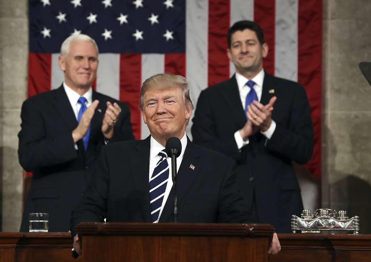 FILE - In this Feb. 28, 2017, photo, President Donald Trump, flanked by Vice President Mike Pence and House Speaker Paul Ryan of Wis., arrives on Capitol Hill in Washington, for his address to a joint session of Congress. No natural orator, Trump has nonetheless shown at times that he can deliver a powerful speech that effectively outlines his vision, strikes an emotional chord and moves commentators to declare that he, at last, looks presidential. And then the teleprompter gets turned off. (Jim Lo Scalzo/Pool Image via AP, File)