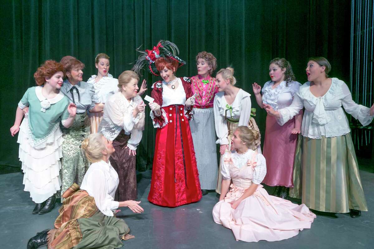 Dolly with the ladies ensemble: On floor - Becki Kinch and Abigail Hudson. Standing left to right: Madison Lyons, Melodie Lippold, Cherish Cahoon, Liz Allen, Carolyn Wong, Melissa Cummins, Lydia Derksen, Hannah Gilchriest, Michaela Belcher in Stage Right's "Hello Dolly!"