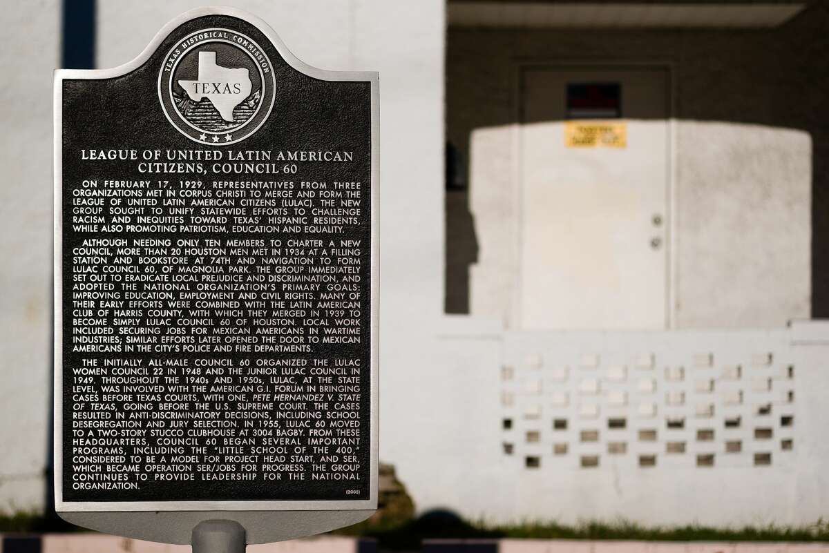 Texas Historical Commission Marker at the LULAC Council 60 Clubhouse, 3004 Bagby in Houston, in a contributed photo associated with the Jan. 30, 2018 announcement of its designation as a National Treasure by the National Trust for Historic Preservation.