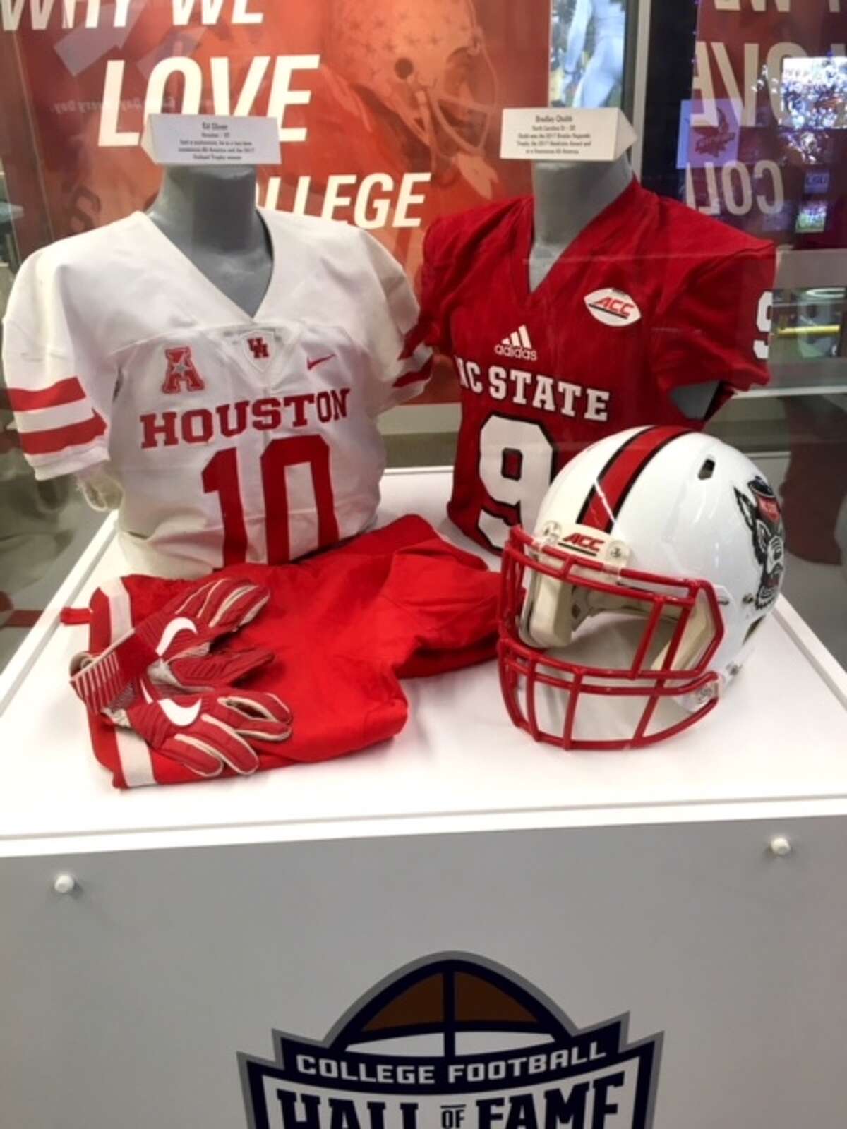 University of Houston's Ed Oliver has his uniform on display at the College Football Hall of Fame in Atlanta.