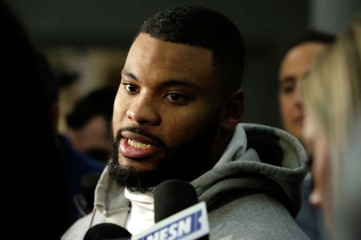New England Patriots outside linebacker Elandon Roberts faces reporters in the team's locker room following an NFL football practice, Thursday, Jan. 18, 2018, in Foxborough, Mass. The Patriots are to host the Jacksonville Jaguars in the AFC championship Sunday, in Foxborough. (AP Photo/Steven Senne)