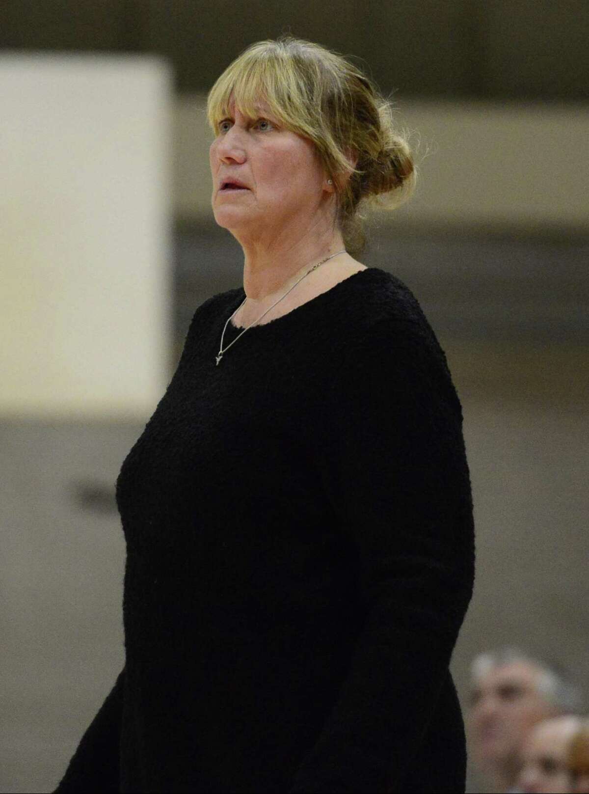 Danbury coach Jackie DiNardo reacts to the action on the court against Stamford during an FCIAC girls basketball game at Stamford High School in Stamford, Conn. on Tuesday, Jan. 30, 2018.