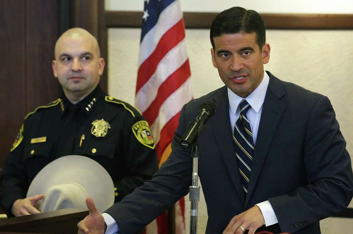 Bexar County District Attorney Nico LaHood, right, holds a press conference with Bexar County Sheriff Javier Salazar, presenting the newly-implemented cite-and-release program, on Wednesday, Jan. 31, 2018 at the Bexar County Courthouse.