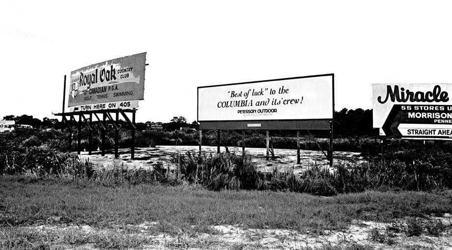 A billboard along a highway leading toward Kennedy Space Center wishes 'Best of luck' to Space Shuttle Columbia and its crew prior to its maiden launch on April 12, 1981. It was the first launch of a Space Shuttle orbiter and carried a two-man crew. John Young was the mission commander and Robert Crippen was the pilot. Photo: Robert Alexander/Getty Images