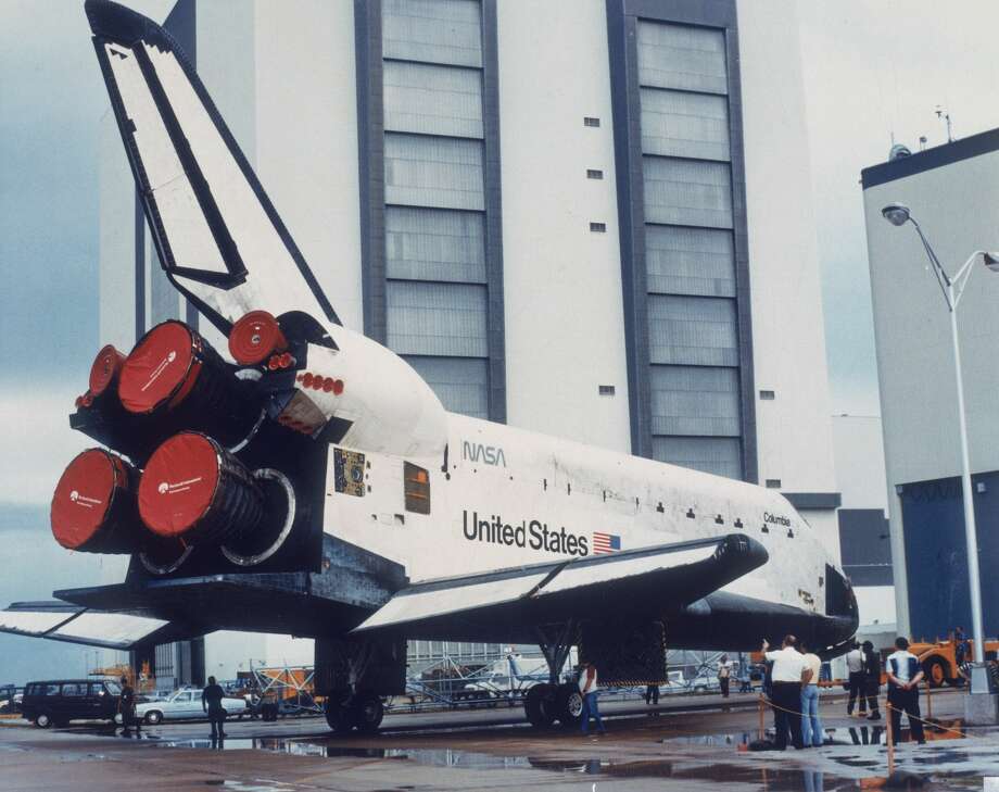 Space Shuttle Columbia on Earth, 1980s. Rear of Columbia, at Kennedy Space Centre, Cape Canaveral, Florida, USA, showing Space Shuttle Main Engines (SSME). The Shuttle has three main engines which are used during the early stages of the launch. The Space Shuttle, the world's first partially reusable launch vehicle, first flew on 12 April 1981 and has been used for all America's manned space missions ever since. Photo: Print Collector/Print Collector/Getty Images