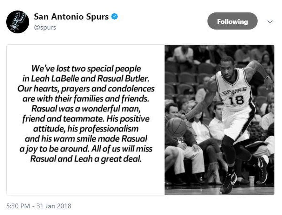 @Spurs: We’ve lost two special people in Leah LaBelle and Rasual Butler. Our hearts, prayers and condolences are with their families and friends. Rasual was a wonderful man, friend and teammate. His positive attitude, his professionalism and his warm smile made Rasual a joy to be around. All of us will miss Rasual and Leah a great deal.
