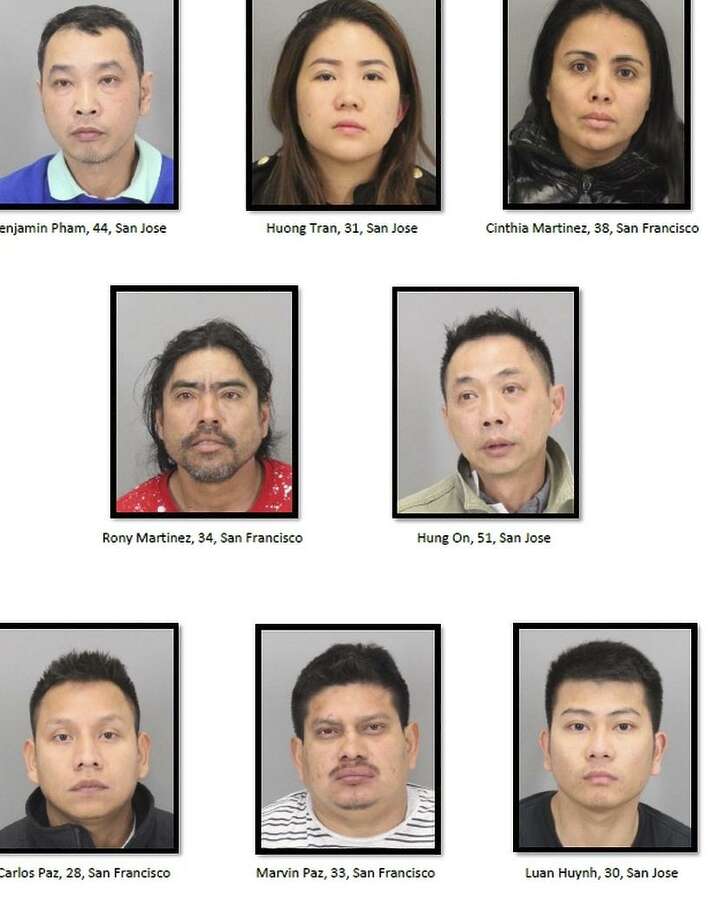 The eight suspects arrested in connection with what Fremont Police call a “multi-million dollar international fencing and burglary ring.” They include Carlos Paz, 28, of San Francisco, Huong Tran, 31, of San Jose, Benjamin Pham, 44, of San Jose, Luan Huynh, 30, of San Jose, Hung On, 51, of San Jose. Also arrested were Cinthia Martinez, 38, of San Francisco, Marvin Paz, 33, of San Francisco and Rony Martinez, 34, of San Francisco. Photo: Fremont Police Department / / Fremont Police Department