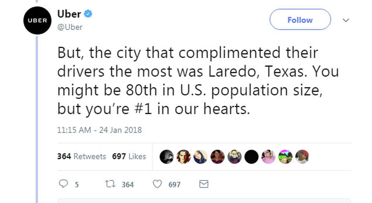 Uber has named Laredo the city with the most complimented Uber drivers in 2017. Among the titles given to other cities: Late Night Heroes, Great Amenities Great Conversations and Entertaining Drivers.