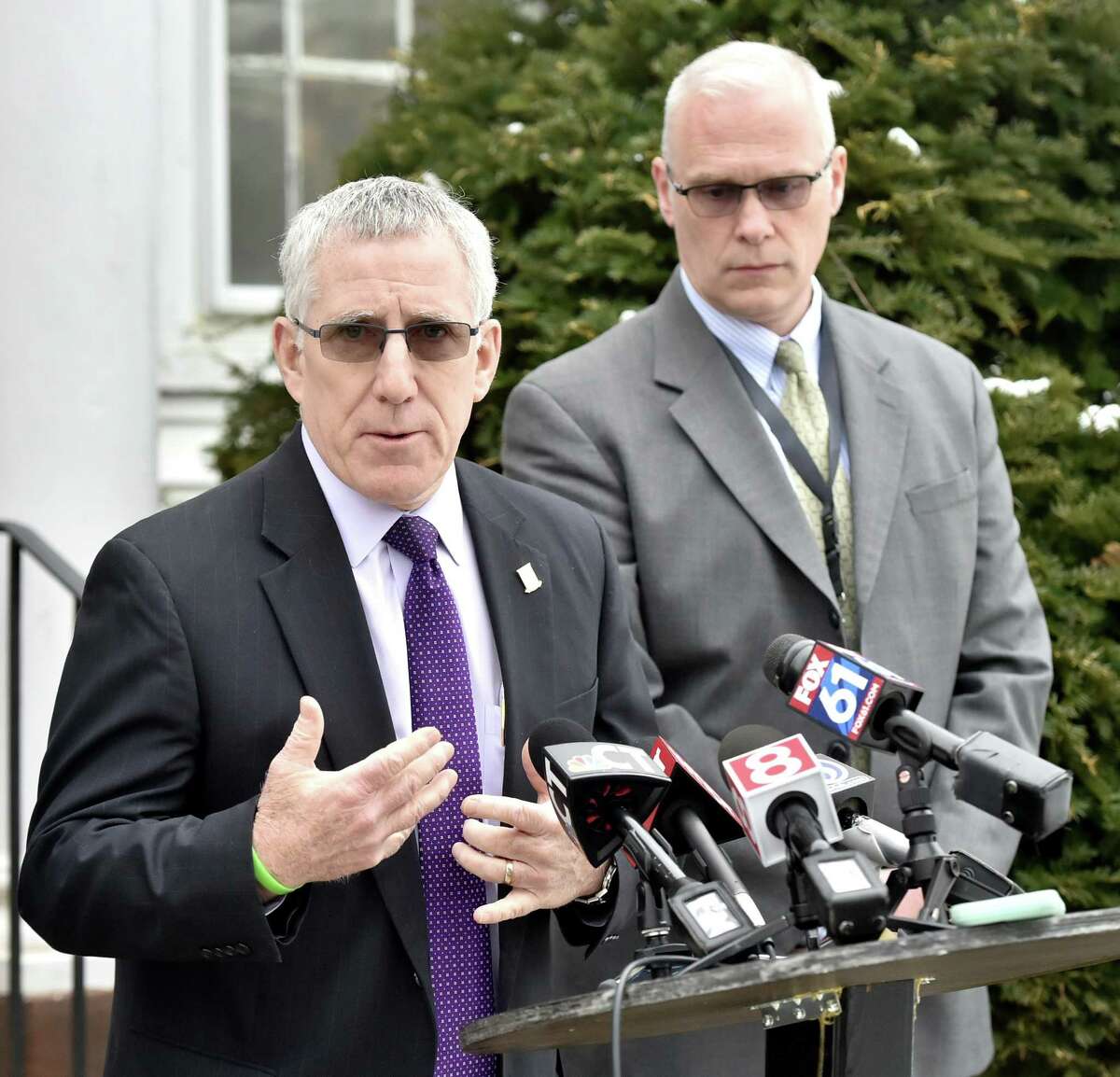 Guilford, Connecticut - Thursday, January 1, 2018: Guilford First Selectman Matthew T. Hoey, III, left, and Guilford Superintendent of Schools Paul Freeman hold a press conference Thursday morning in front of the superintendent's office sharing information on the shooting death of a 15-year-old boy at 104 Seaside Avenue in Guilford Wednesday night. The boy was freshman at Guilford High School. He died Wednesday afternoon after sustaining a gunshot wound. When police arrived after getting a call at 3:25 p.m., they found two children, one of whom had been shot, according to Guilford Police.