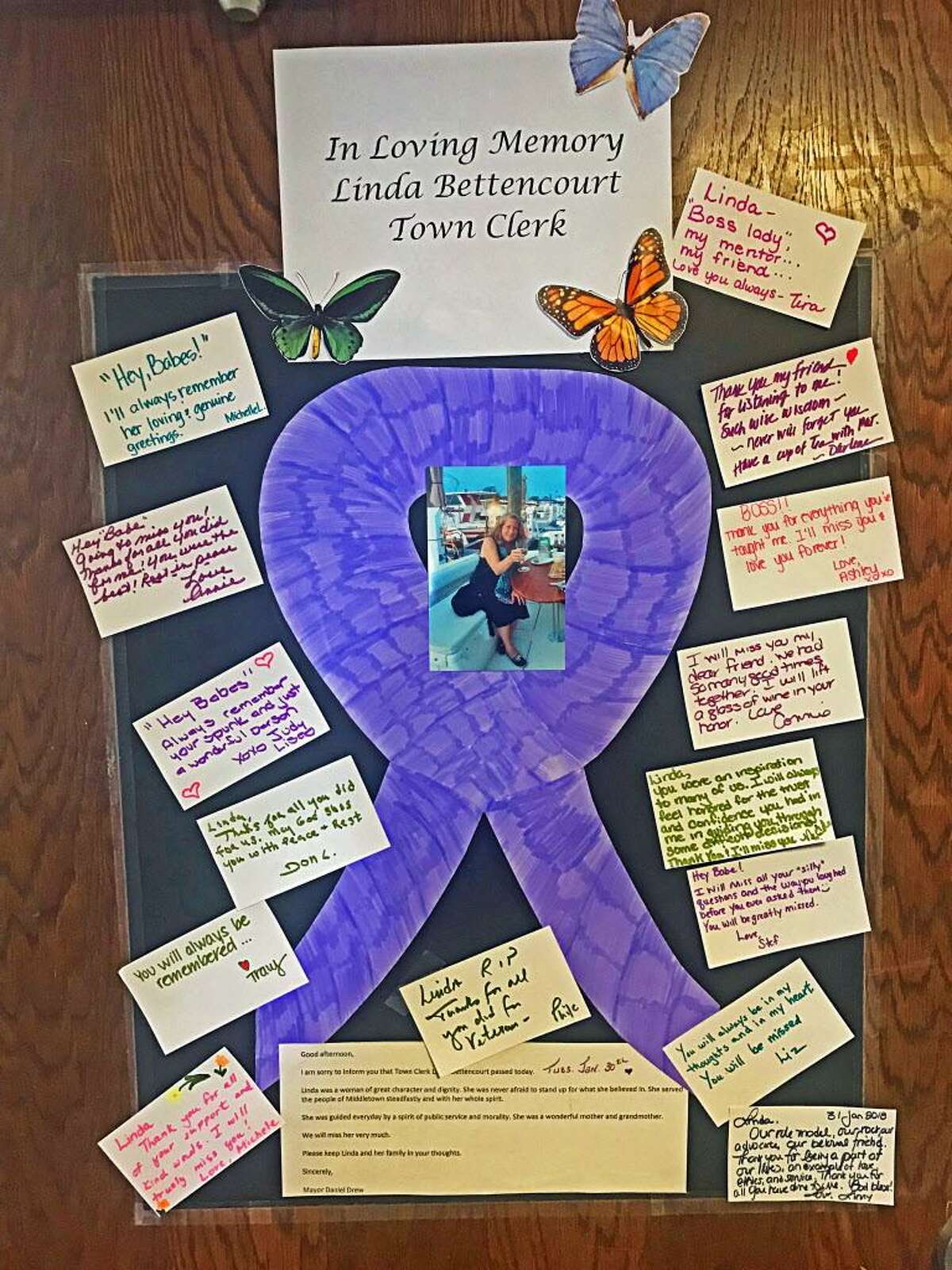 Middletown town clerk Linda Bettencourt died Tuesday at home. Her coworkers created a poster in memory of the lifelong city resident. Wednesday, people stopped by the office in City Hall to share their recollections.