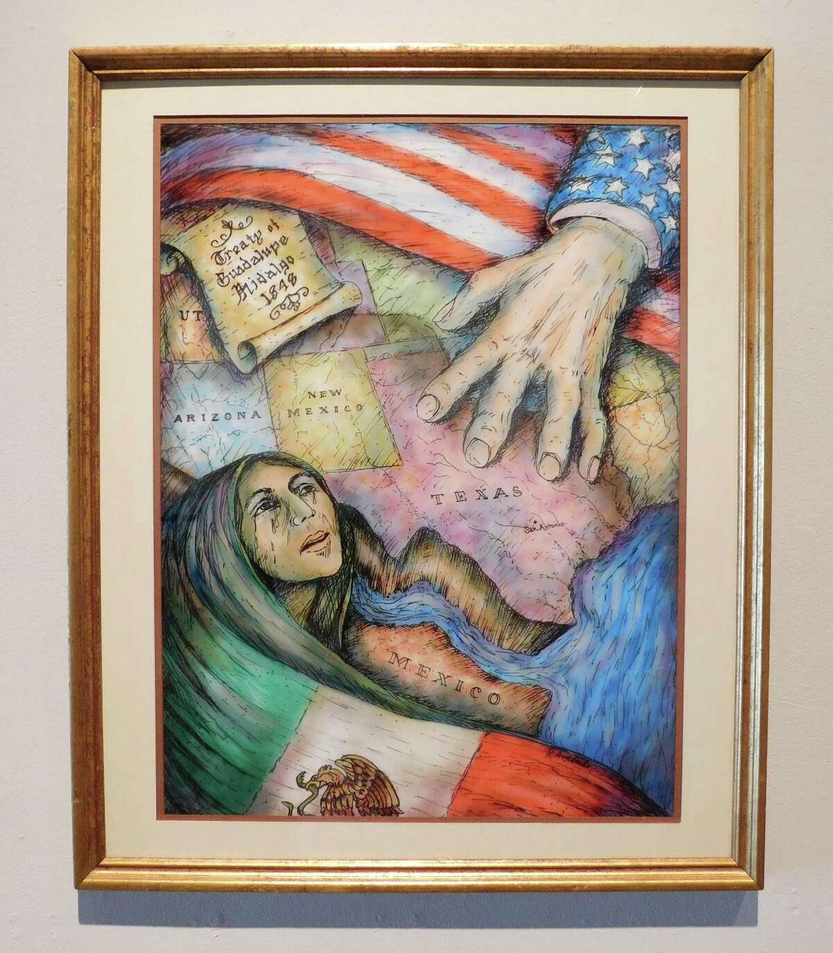 “Our Heartland Broken Apart” by Richard Arredondo is part of the Segundo de Febrero exhibit that opens Friday at Centro Cultural Aztlán. The 40th annual exhibit that marks the anniversary of the Treaty of Guadalupe Hidalgo runs through February at 1800 Fredericksburg Road, Suite 103.
