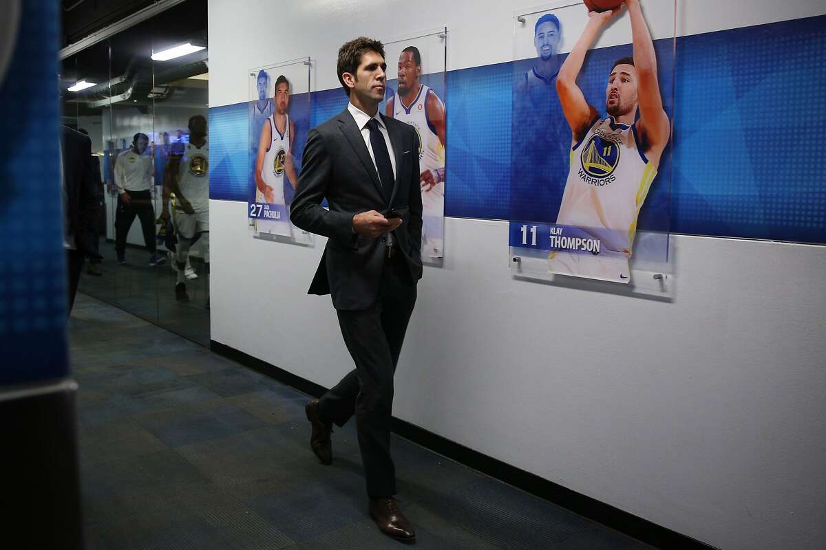Warriors general manager Bob Myers following the NBA game between the Golden State Warriors and the Houston Rockets at Oracle Arena on Tuesday, Oct. 17, 2017, in Oakland, Calif. The Warriors lost the basketball game 122-121.
