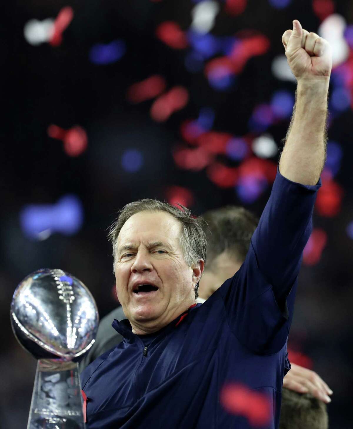 New England's Bill Belichick celebrates a 34-28 overtime victory against the Falcons in Super Bowl LI at NRG Stadium. It was his fifth championship as the Patriots' coach.