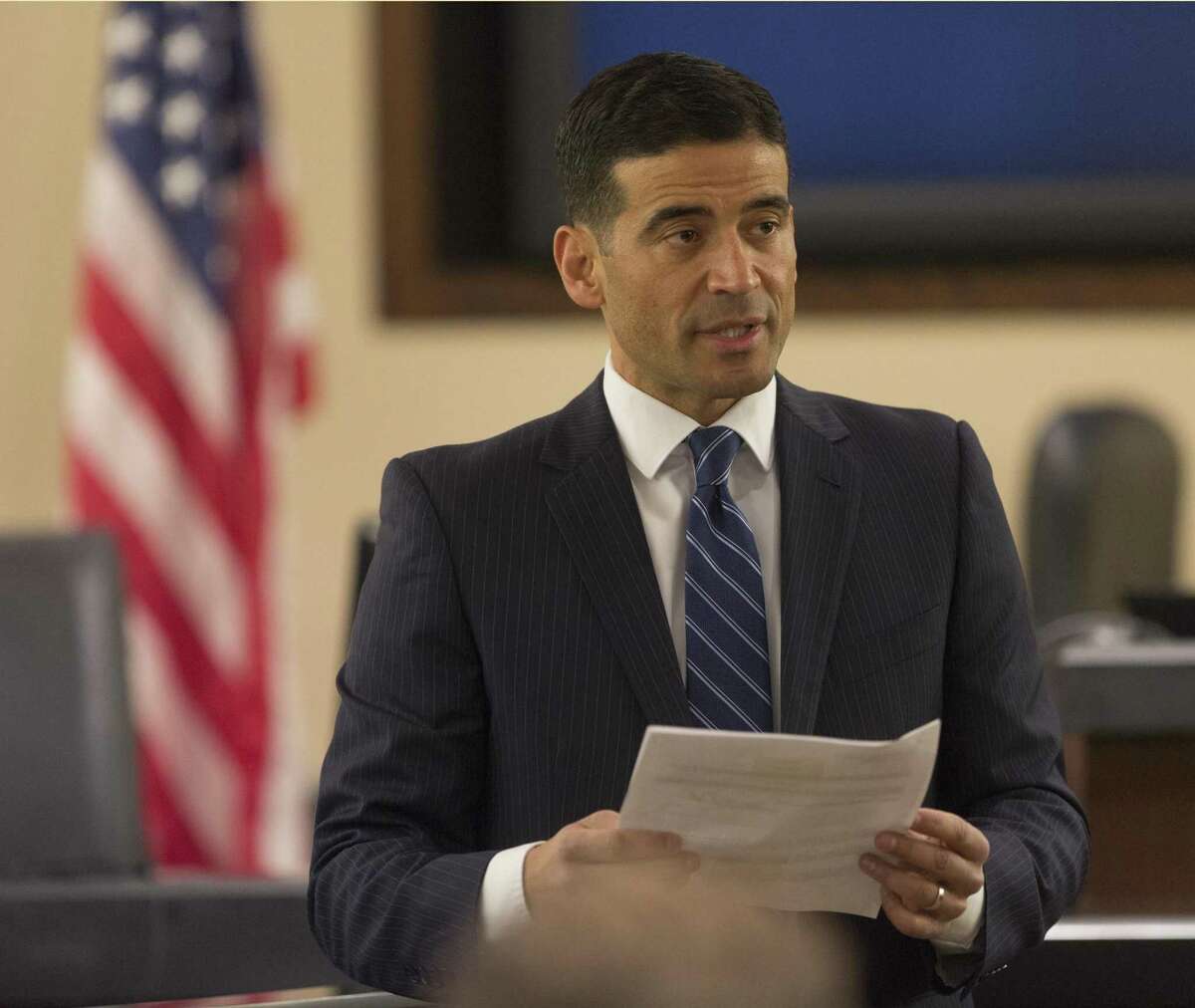 Bexar County District Attorney Nico LaHood reads the indictment Tuesday, Jan. 9, 2017 at the start of a trial LaHood is personally prosecuting.