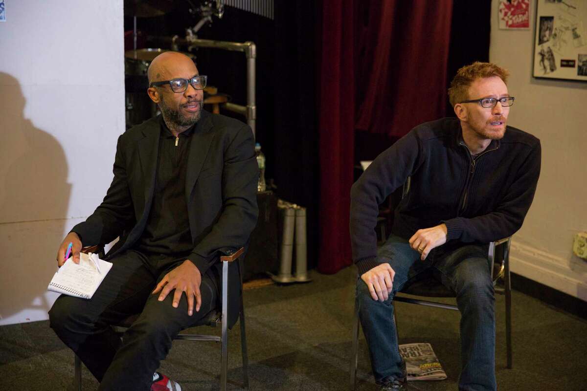 Richard E. Waits, left, portrays Jimmy Arthur, a fictitious reporter sent down from NYC to cover the Byrd murder. Paul Castree, right, portrays Preston-Scott, the character inspired by the life of playwright Jon-Marc McDonald. They are seen during rehearsals at Ta Da Youth Theater in New York City.
