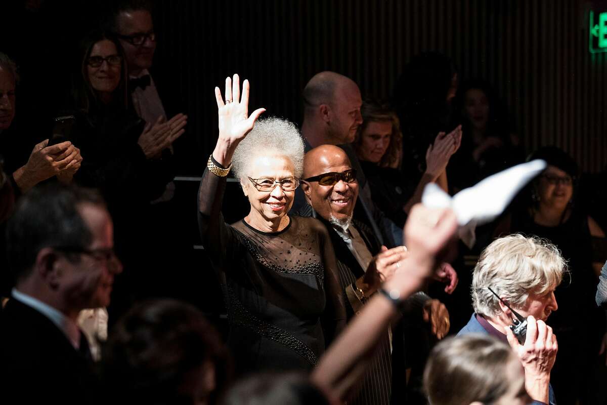 Del Anderson Handy and John Handy, co-chairs of the SFJAZZ Gala 2018, acknowledge the crowd during the event at SFJAZZ Center in San Francisco, Calif., on Thursday, February 1, 2018. The evening honored New Orleans jazz organization and band Preservation Hall, which was presented with the SFJAZZ Lifetime Achievement Award.