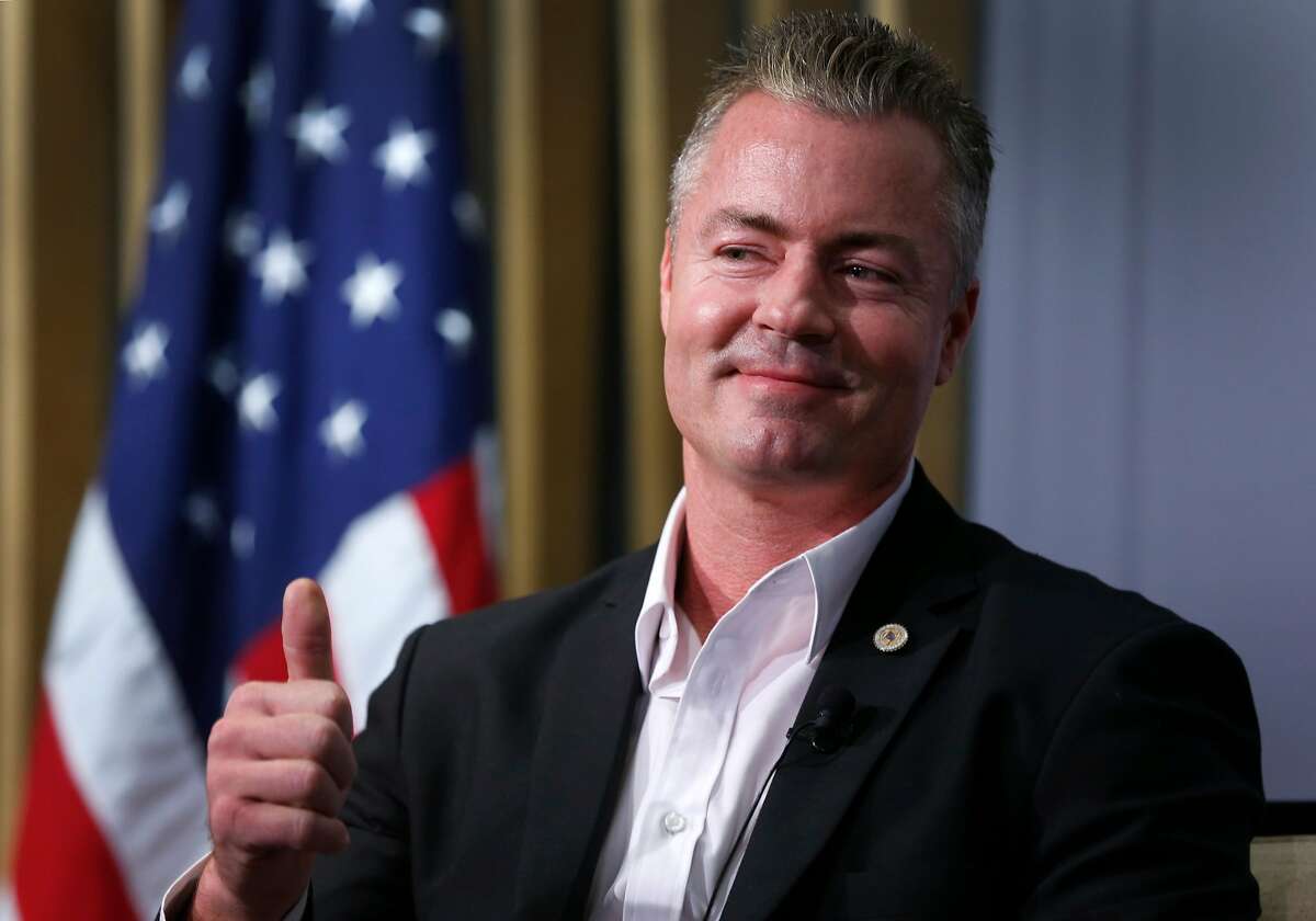Orange County Assemblyman Travis Allen, a Republican gubernatorial candidate, is the featured speaker in a conversation with Public Policy Institute of California president and CEO Mark Baldassare in San Francisco, Calif. on Thursday, Jan. 11, 2018.