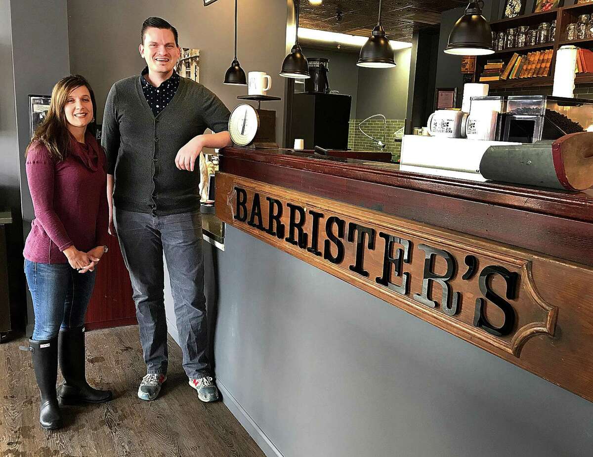 Barrister's Coffee House owner Tracy Hoekenga and manager Jordan Jones stand in the new coffee shop in Danbury, Conn., on Friday, Feb. 2, 2018.