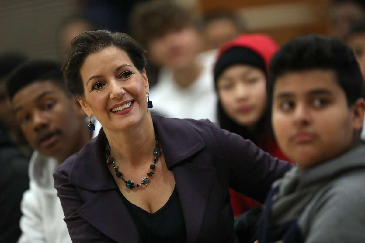 Oakland Mayor Libby Schaaf watches during a meeting at Edna Brewer Middle School on the U.S. Constitution on January 19, 2018 in Oakland, California.