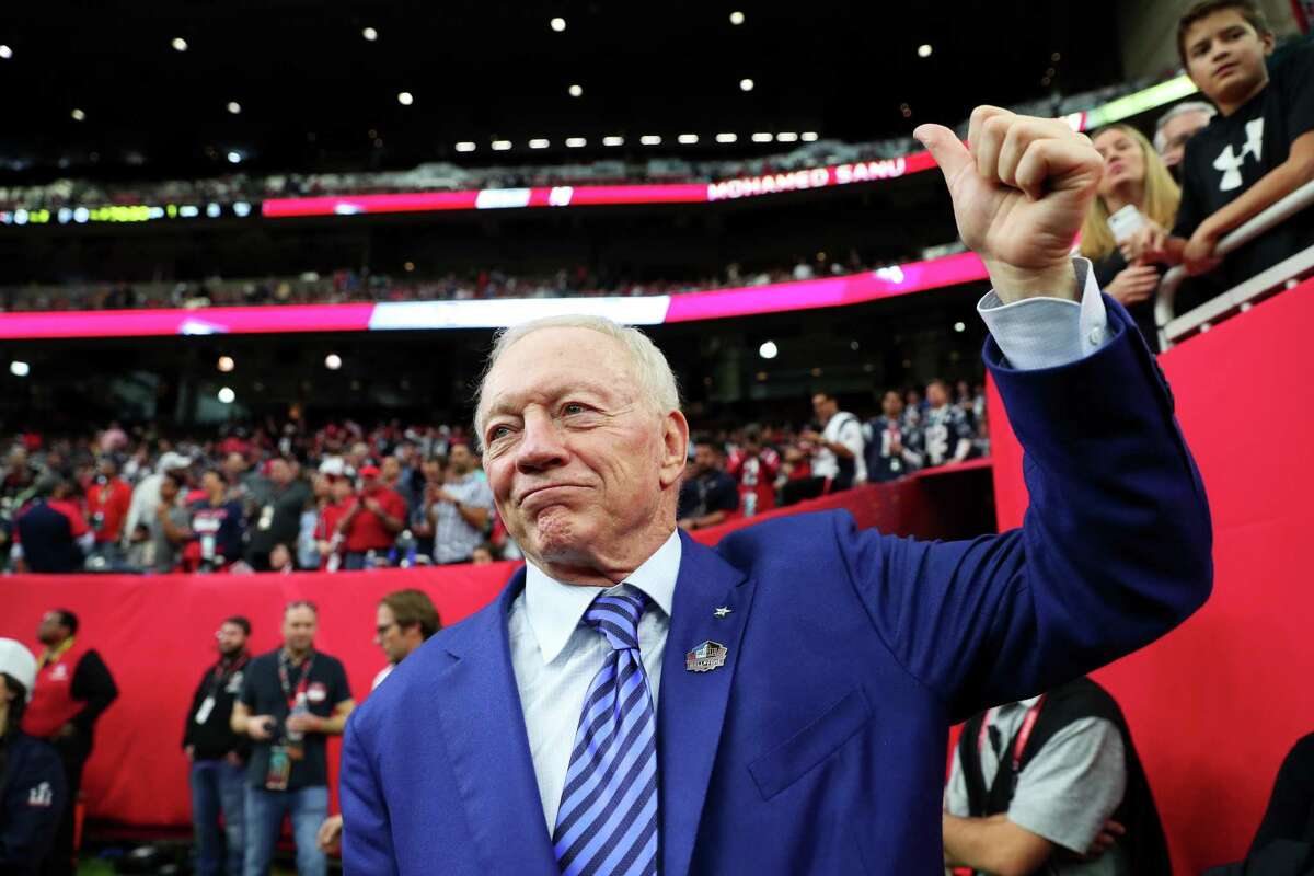 Dallas Cowboys owner Jerry Jones stands on the field last year before the Super Bowl at NRG Stadium in Houston. The Super Bowl is in Minneapolis this year, and a reader says he hopes Jones enjoys the game from home, since the Cowboys will not be there.