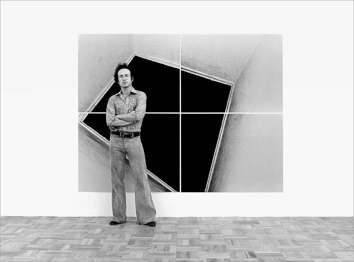 Steve Kahn in front of one of his mural-size works, photographed�in 1976 at Gagosian Gallery, and again in 2016 at Casemore Kirkeby.