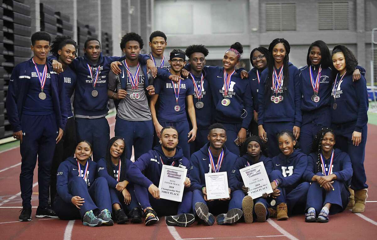 Hillhouse celebrates their win at the SCC track and field championships, Feb. 2, 2018, at Floyd Little Athletic Center in New Haven.