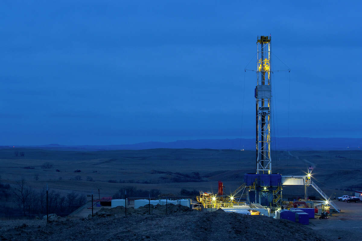A Marathon Oil drilling rig works in the Bakken Shale of North Dakota.