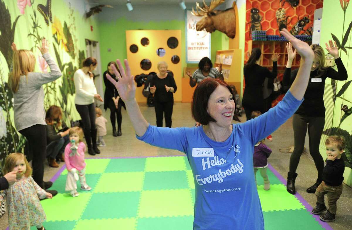 Jackie Jacobs, Director of Music Together of Fairfield County, leads the Museum Musicians program at the Bruce Museum in Greenwich, Conn. Thursday, Feb. 1, 2018. Designed for children 10- to 24-months, the interactive music and movement program gives tots and their caregivers a chance to sing, dance and play instruments to songs inspired by the museum?’s exhibits.