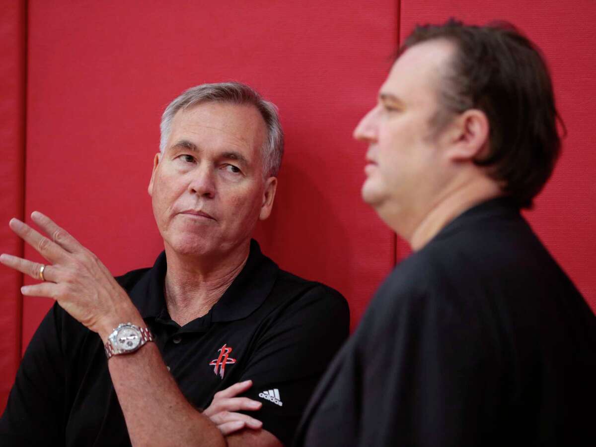 Houston Rockets head coach Mike D'Antoni, left, talks to general manager Daryl Morey during the Rockets mini-camp in preparation for the NBA Summer League 2017 at Toyota Center on Wednesday, July 5, 2017, in Houston.