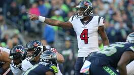 Houston Texans quarterback Deshaun Watson (4) makes a call at the line of scrimmage before snapping the ball against the Seattle Seahawks during the game at CenturyLink Field Sunday, Oct. 29, 2017, in Seattle. The Seahawks won 41-38. ( Godofredo A. Vasquez / Houston Chronicle )