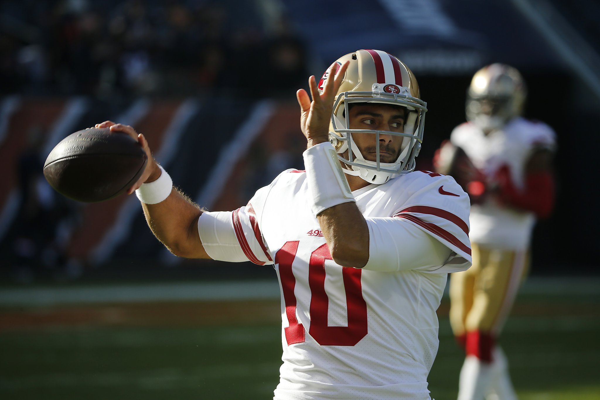 Santa Clara, CA. 22nd Sep, 2019. San Francisco 49ers quarterback Jimmy  Garoppolo (10) on the sideline during the NFL football game between the  Pittsburg Steelers and the San Francisco 49ers at Levi's