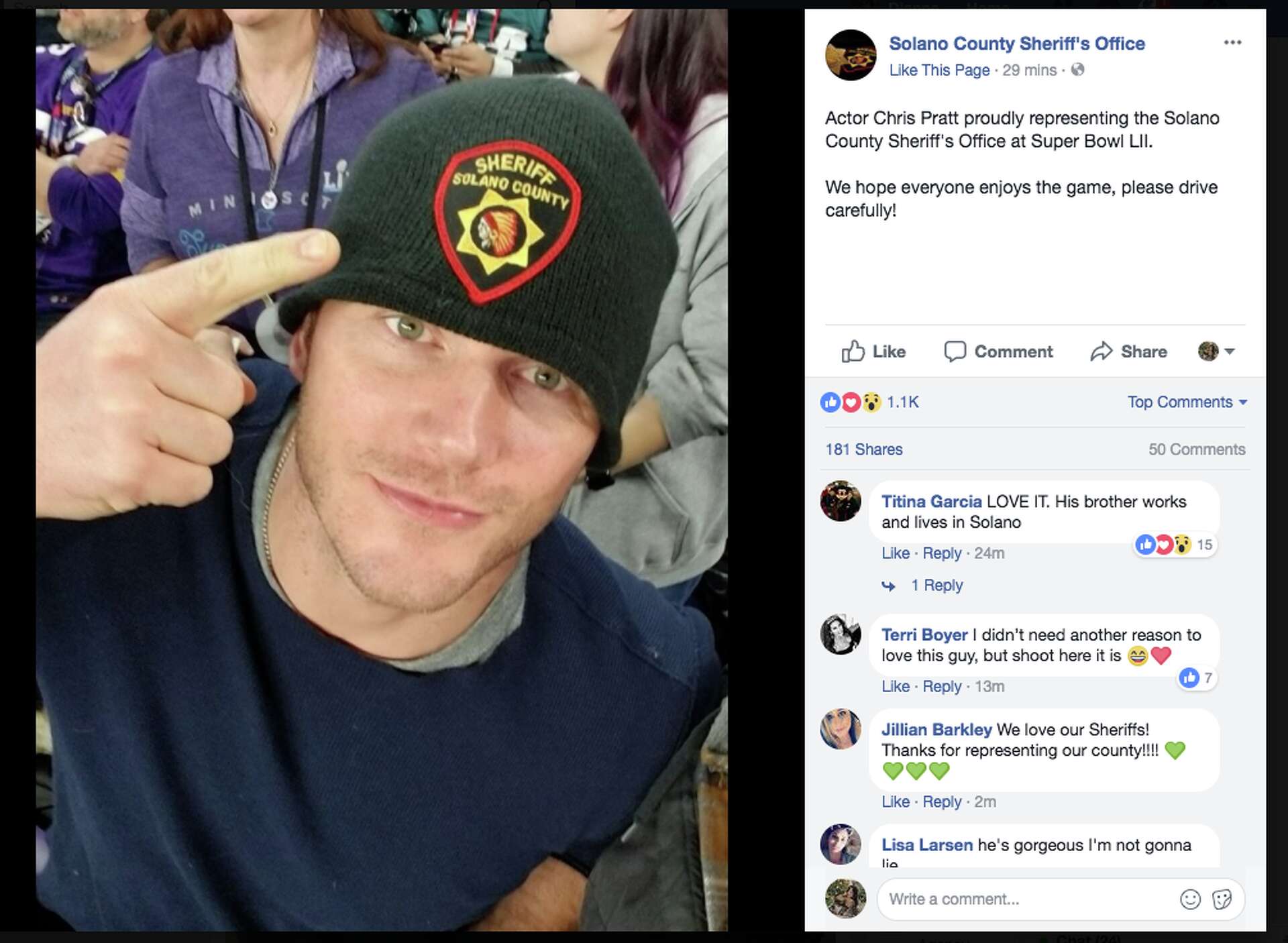 Actor Chris Pratt shows love for Solano County at Super Bowl