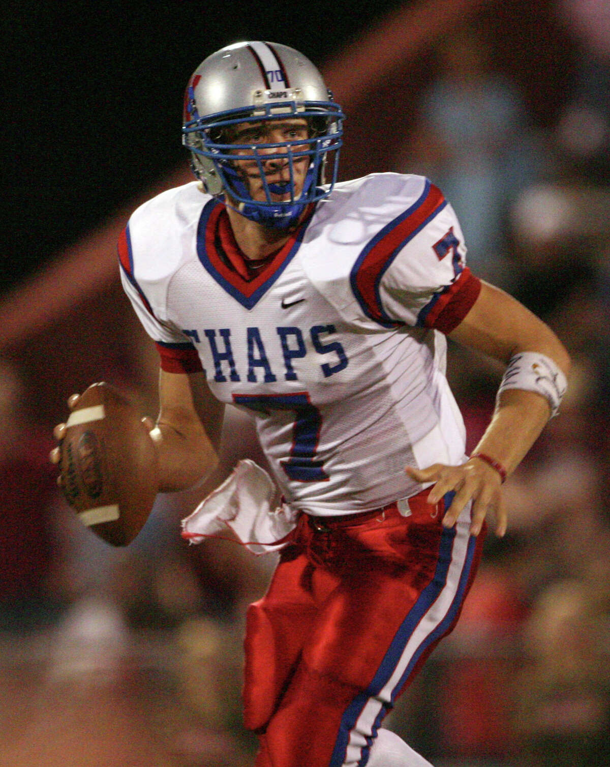 FILE - In this Sept. 29, 2006 file photo, Westlake High School quarterback Nick Foles looks for a receiver against Austin High during a football game in Austin, Texas. Ten years after Drew Brees led Westlake High School to victory in the Texas state championship game, Foles broke several of his passing records but lost in the title game. The two quarterbacks meet with far more at stake _ Saints vs. Eagles in an NFC wild-card game. (AP Photo/Austin American Statesman, Jay Janner, File) AUSTIN CHRONICLE OUT, COMMUNITY IMPACT OUT, INTERNET MUST CREDIT PHOTOGRAPHER AND STATESMAN.COM
