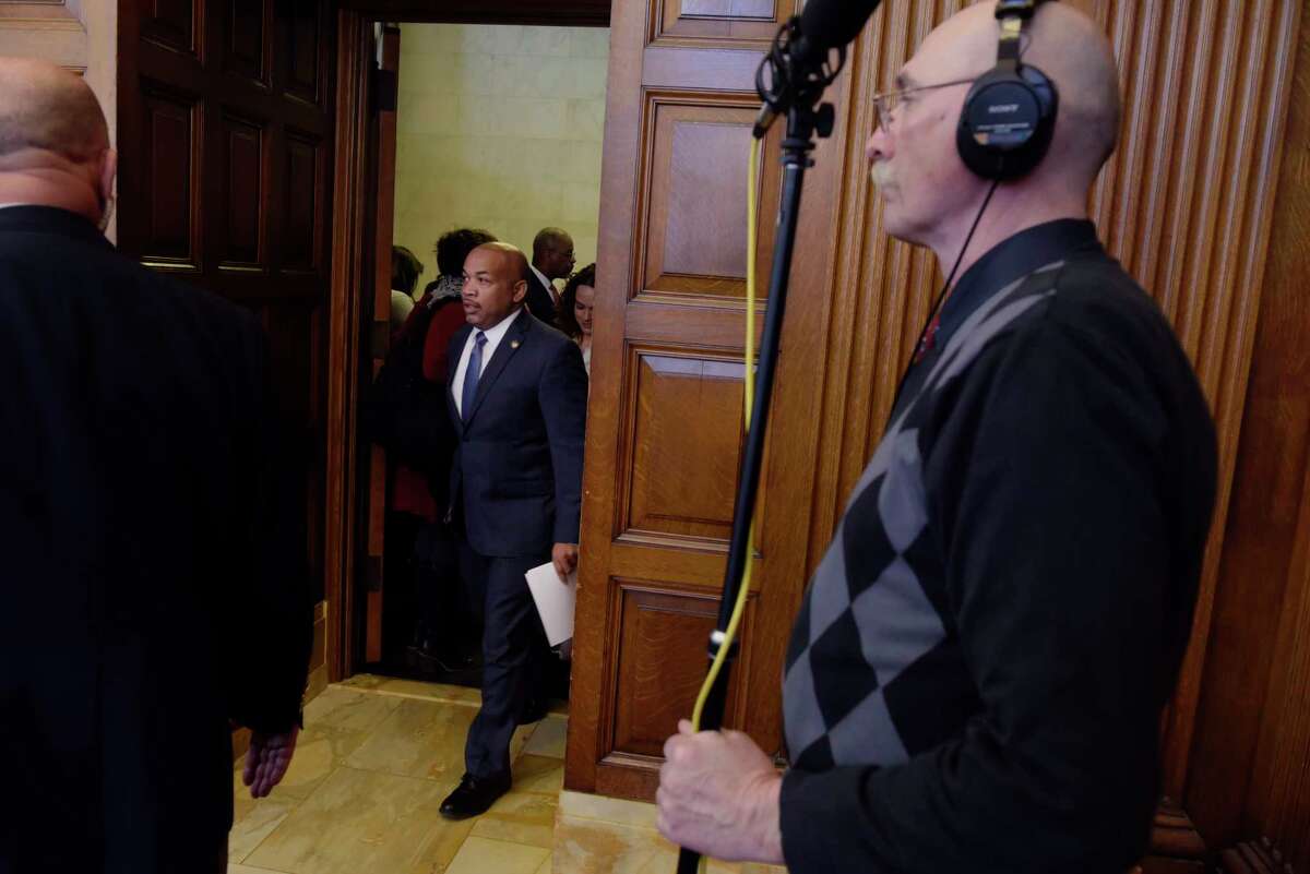 New York State Assembly Speaker Carl Heastie, walks in for the start of a press conference on Monday, Feb. 5, 2018, in Albany, N.Y. Speaker Heastie and his fellow Assembly members announced that the Assembly will take up and pass the Dream Act. (Paul Buckowski/Times Union)