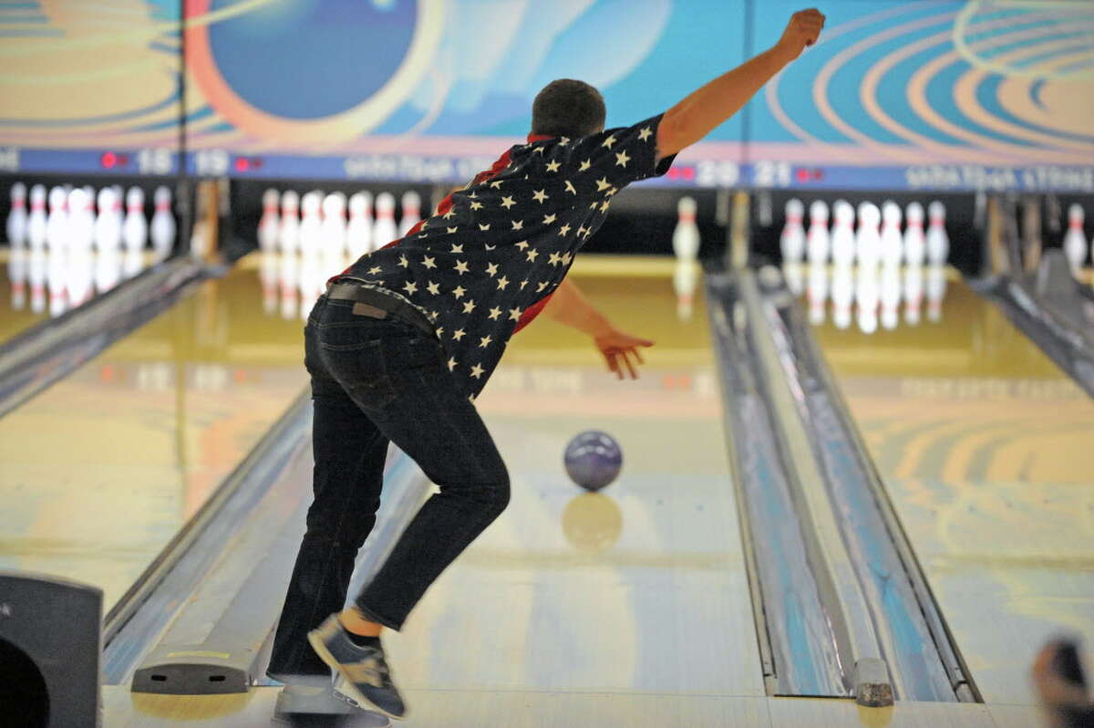 Brett Harris of Greenfield Center bowls in league play at Saratoga Strike Zone bowling alley on Wednesday March 9, 2016 in Saratoga Springs, N.Y. (Michael P. Farrell/Times Union)
