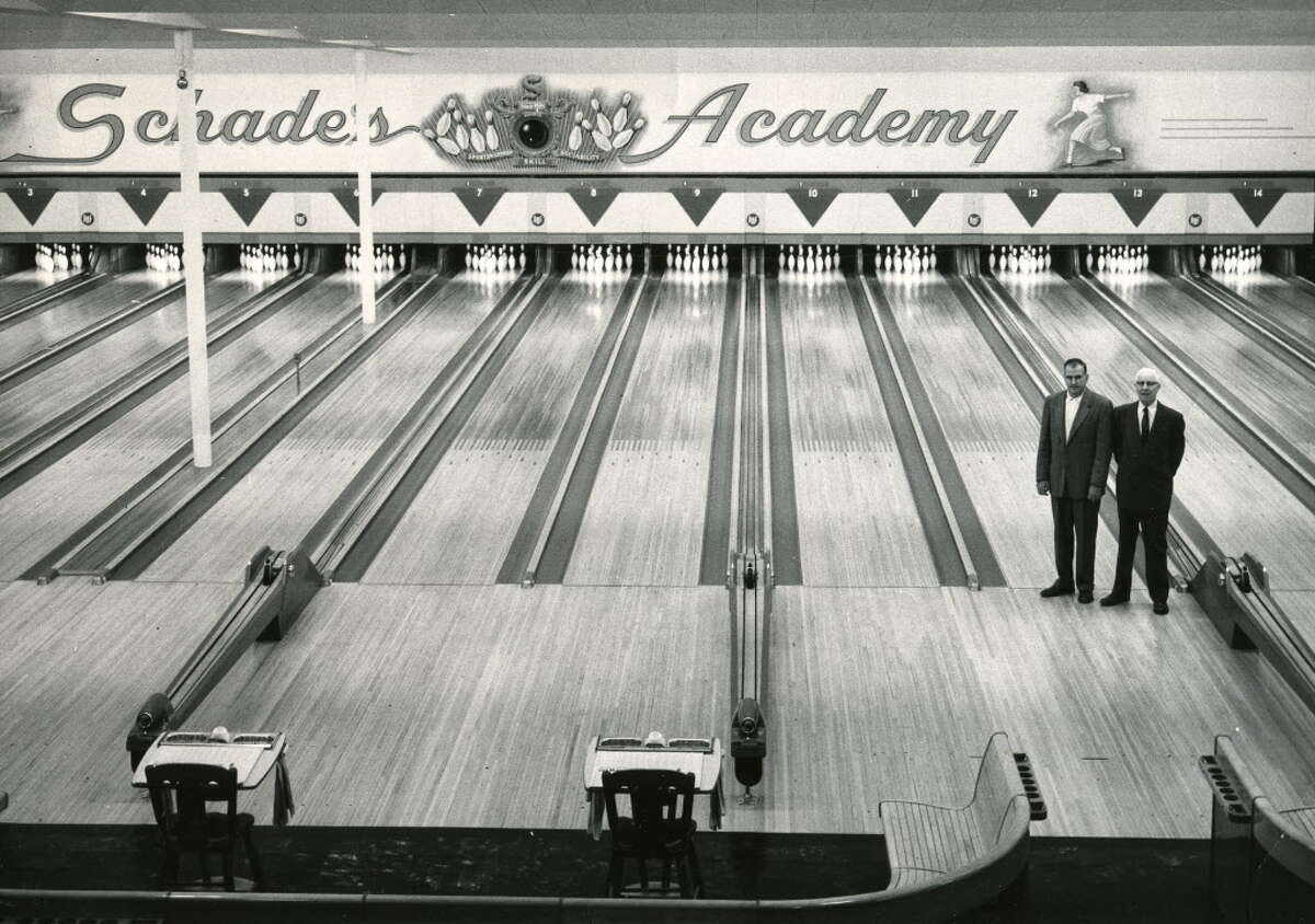 Times Union bowling Schade's Academy, site of the first Professional Bowlers Association tournament in 1959. -- Bill Schades, left, Bert Schade, right. (Times Union archive)